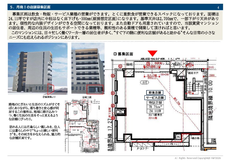 中央区月島駅より徒歩5分の、東仲通りの面する、話題のエリアの賃貸マンション1階24.11坪区画のご案内 (199958)