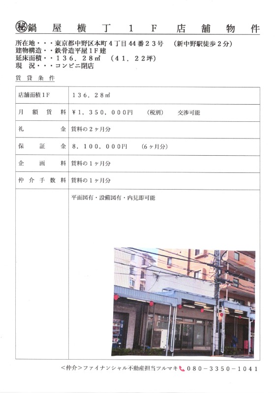 新中野駅 徒歩2分 1F 現況:物販 その他居抜きなど物件 【業種相談】 (215308)